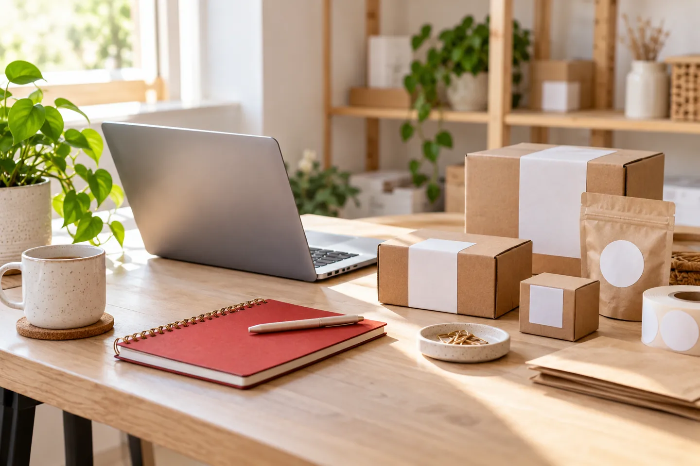 Product packaging and a laptop at a small business workspace.
