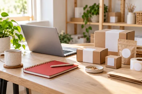 Product packaging and a laptop at a small business workspace.